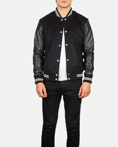 Veste universitaire classique noire avec manches en cuir de qualité supérieure, col et poignets côtelés, fermeture à boutons-pression et coupe moderne ajustée - Product Image 3