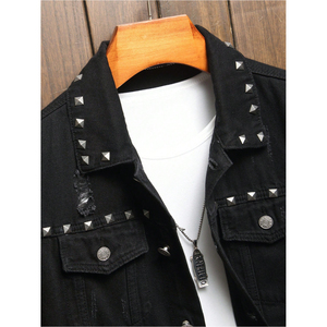 Veste en jean décontractée noire pour homme STITCHMODE avec style punk délavé, col montant, fermeture à simple boutonnage - Product Image 4