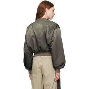 Chaqueta Bomber Corta Verde Oliva para Mujer, Manga Larga, Cierre de Cremallera, Cuello Alto, Nailon Tejido, Chaqueta de Otoño para Mujer - Product Image 2