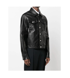 Veste bomber unisexe en peau de mouton écologique, couleur noire, boutons argentés, manches longues, poche avant, décontractée - Product Image 3