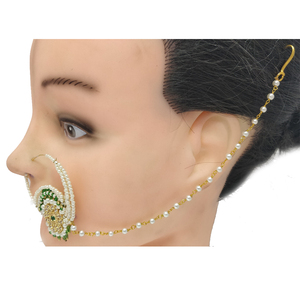 Indian Mores Lightweight Traditional Green White Bridal <b>Nath</b> with Chain for Women - Product Image 3