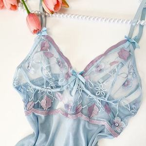 Robe de lingerie babydoll <span class=keywords><strong>en</strong></span> dentelle bleu clair à imprimé lèvres, <span class=keywords><strong>nuisette</strong></span> <span class=keywords><strong>en</strong></span> maille à fines bretelles avec nœud - Product Image 3