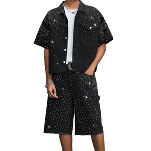 Camisa personalizada con diamantes de imitación para hombre, camisa informal de mezclilla holgada de un solo pecho para hombre, camiseta personalizada de gran tamaño para hombre, 100% algodón - Product Image 1