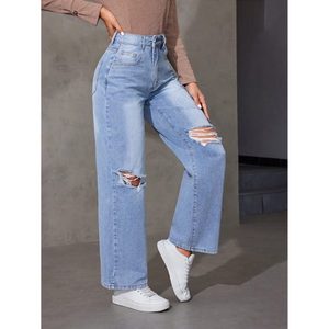 Jeans de Mezclilla Modernos para Mujer, Color Azul Hielo, Tendencia, Cintura Alta, Corte Recto, Ligeros, Ecológicos, Transpirables, Estilo Urbano, Vintage, Tallas 26-40 - Product Image 4