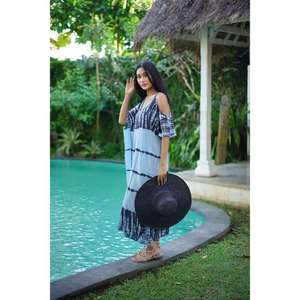 <b>Women</b> Blue Black Tie Dye Eco-Friendly Natural Waist Cold Shoulder Boho Floor-Length <b>Maxi</b> <b>Dress</b> Summer Beach Resort Wear - Product Image 3