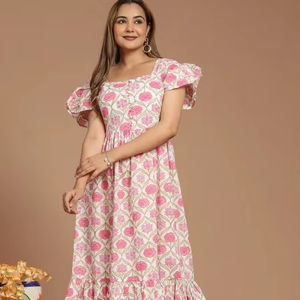 Vestidos Casuales de Algodón con Estampado Floral, Tejidos a Mano en India, Naturales y Ecológicos, Hasta la Rodilla, de Manga Corta, Estilo Bohemio para el Verano - Product Image 1