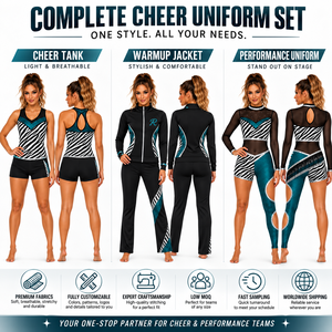 Set Uniforme Majorette Personalizzato, Tuta con Stampa Zebrata Turchese, Collo Alto, Maniche in Rete, Gamba Asimmetrica con Frange, Unitard Nero per Danza - Product Image 2