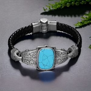 Stylo Gravé Pierre Turquoise Modèle 925 Sterling Bracelet en Cuir Argent pour Homme - Product Image 2
