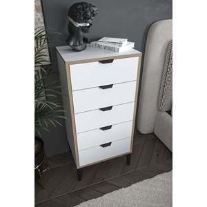 Commode moderne Arden à 5 tiroirs en bois blanc, meuble de rangement pour buanderie, chambre et salon, mobilier écologique, organisateur de maison - Product Image 1