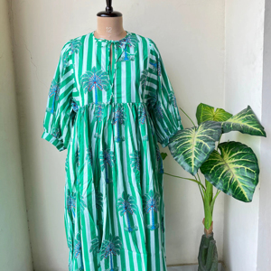 Vestido de algodón estampado de verano Casual Floral Midi Mini vestidos ropa suave para el hogar ropa Puff mangas Casual suelto suave Maxi vestidos - Product Image 1