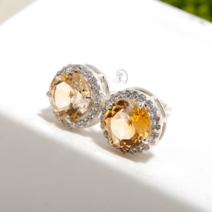 Clásico lujo boda declaración joyería fina plata esterlina 925 pera corte bisel ajuste citrino piedras preciosas Stud pendiente para mujer - Product Image 2