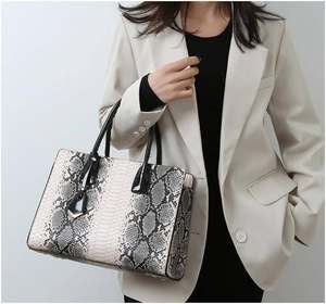 Python texture Women's Elegant Genuine Leather <b>Snake</b> Print Tote <b>Bag</b> With Flap Closure And Two Handles For Business Use - Product Image 1
