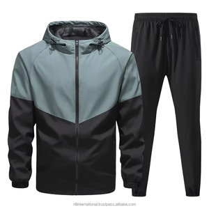 Ensemble de survêtement athlétique pour homme, 2 pièces, couleur contrastée, léger, respirant, veste coupe-vent à capuche zippée et pantalon de jogging - Product Image 2