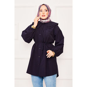 Navy Blue Modest Chiffon <b>Top</b> Double-Collared Drawstring Waist Long Printed Lace Embroidery Button <b>Sequined</b> <b>Plus</b> <b>Size</b> Option - Product Image 2