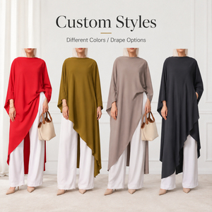 Set Musulmano in Due Pezzi Stile Turco con Logo Personalizzato, Abaya Irregolare Modesta e Pantaloni a Gamba Larga, Abbigliamento Islamico da Donna OEM - Product Image 4