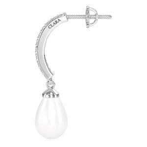 NOVAMART Fine 925 Sterling Silver Classic Pearl <b>Drop</b> Earrings Rhodium Plated with for Swiss Zirconia Screw <b>Back</b> Gift Women Girls - Product Image 3