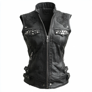 Chaleco de motorista con cremallera de cuero genuino para mujer, Chaleco de cuero con cremallera para motocicleta al aire libre, camisetas sin mangas de PU para mujer - Product Image 6