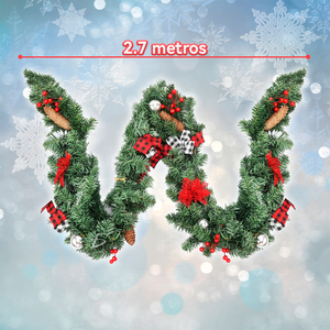 Guirnalda Navideña de Lujo de 2.7m con Follaje Artificial y Lazos Rojos para Puerta Principal, Bodas y Fiestas, Material de PVC y Tela - Product Image 3