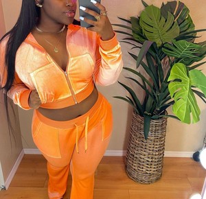 Conjuntos de dos piezas de terciopelo de alta calidad con logotipo personalizado OEM para mujer, sudaderas con capucha recortadas, pantalones de chándal, sudadera con capucha y cremallera, pantalón acampanado, chándal - Product Image 5