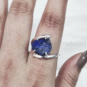 Bague pour femme en pierre brute, Lapis Lazuli naturel, avec croix et griffes, en argent sterling 925, bijou de Noël - Product Image 2
