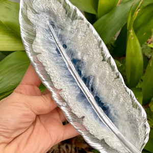 Elegant White Resin Tray with <b>Blue</b> <b>Feather</b> Shading Unique Handmade Tray for Home Display and Multipurpose Use From India - Product Image 1