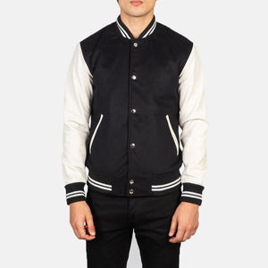 Veste Vaxton Hybrid Varsity à rayures noires, manches en cuir brodé et satiné, col montant, manteau d'hiver teint OEM de style vintage - Product Image 4