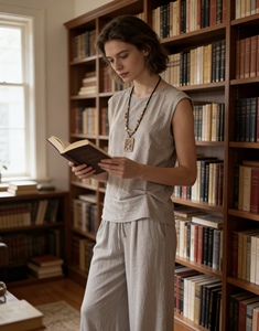 Artículos Populares de Fábrica al por Mayor: Conjunto de Pijama de Chaleco Informal de Cáñamo Suave y Transpirable para Mujer, Invierno/Otoño, Primavera, Verano - Product Image 3