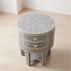 Mesa de Noche Redonda Hecha a Mano con Incrustaciones de Hueso Gris, con 2 Cajones, Mueble de Dormitorio de Lujo, Decoración para el Hogar - Product Image 3