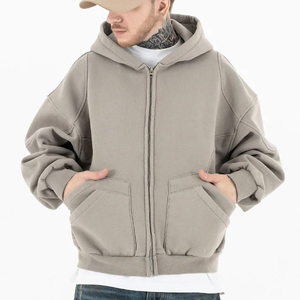 Vente en gros Streetwear à double poches avec fermeture éclair Sweats à capuche en coton épais surdimensionné avec épaules tombantes personnalisé Sweat à capuche zippé pour hommes - Product Image 2