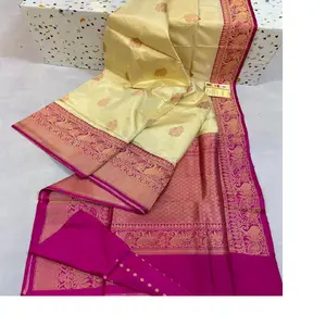 custom made in light gold & red border brocade silk sarees available with pure silk certification for sale by clothing designer