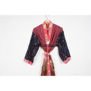 Robe longue bohème en patchwork de sari en soie 100% faite à la main pour femmes, col en V, cordon de serrage, manches longues, douce, automne été - Product Image 2