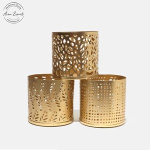 Set of 3 Decorative Gold Metal Votive <b>Candle</b> Holders Elegant Cutwork Design Perfect for Home Decor and Festive Lighting - Product Image 1