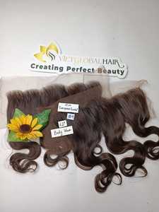 Vente en gros d'extensions de cheveux humains 100% couleur claire 13x4 échantillon de vague de corps frontal en dentelle cheveux vierges bruts alignés sur les cuticules en couleur #4 - Product Image 3