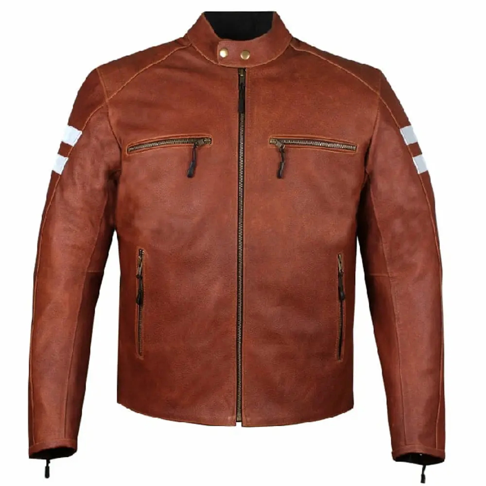 Bestselling 100% Cowhide Leather jacket Erect Snap Tab Collar Striped on Arms & Zipper Cuffs Breathable Leather Jackets.