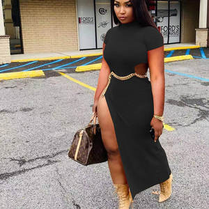 Vestido Maxi de Moda Tallas Grandes Liu Ming, Casual de Verano, Ajustado, Cuello Alto, Manga Casquillo, Abertura, Transpirable, Natural, Sexy, con Encaje Hueco - Product Image 1