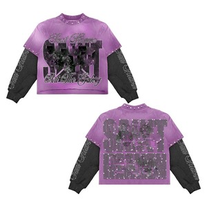 Camisa de algodón de doble capa para mujer, 180 GSM, morado y negro, mangas en contraste, estampado de diamantes de imitación, con logotipo personalizado, camisas de doble capa - Product Image 1