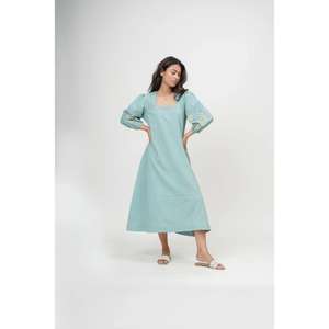 Women Solid Light Blue V-neck Floor-Length Eco-Friendly Natural Waist Long Sleeve <b>Loose</b> Fit Casual Summer <b>Dress</b> - Product Image 2