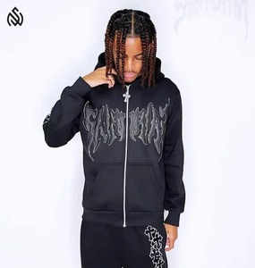 Rhinestone Acid Wash Printed Custom Logo Polyester/Cotton Men <b>Tracksuit</b> Customized Outdoor Training Wear Wholesale - Product Image 2