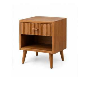 Table de chevet moderne en bois avec tiroir cannelé et étagère ouverte, table de nuit en bois massif pour chambre d'hôtel, appartement, mobilier - Product Image 1