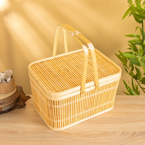 Panier de pique-nique rectangulaire en bambou fait à la main avec couvercle et doubles poignées / Boîte de rangement en bambou tissé traditionnelle pour offrir en cadeau - Product Image 5