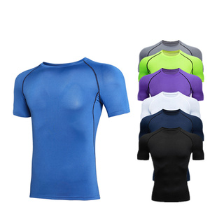 เสื้อยืดกีฬา95% 5% โพลีเอสเตอร์ผ้าสแปนเด็กซ์แห้งเร็วสำหรับใส่ไปยิมฟิตเนสวิ่งออกกำลังกายโลโก้ได้ตามต้องการ - Product Image 1