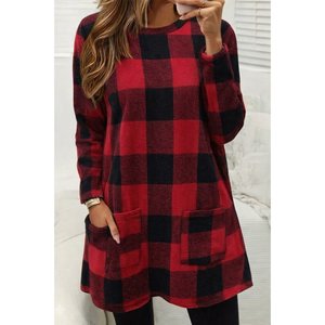 Túnica de Manga Larga para Mujer con Cuello Semialto, Detalle de Bolsillo y Tejido a Cuadros, 30115 - Rojo - Product Image 1