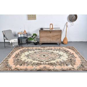 Traditional Beige <b>Brown</b> <b>Wool</b> Rug 5.4 X 9 ft Classic Vintage Turkish Design Patchwork Latex for Bedroom Use Hallway Rug - Product Image 1