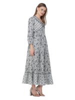 Sati Factory Été Casual Coupe Droite Longue Coton Maxi Robe Col V Motif Imprimé Floral Manches Longues Taille Empire Blanc Noir
