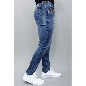 Jeans Azules Elásticos de Tiro Medio para Hombre, Estilo Urbano Personalizado - Product Image 4