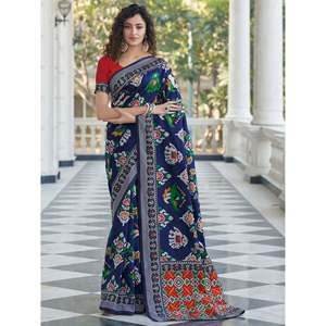 Sari de Seda Azul Marino Patola Weaving para Bodas, Personalizable, Largo hasta el Suelo, Diseño Moderno con Espalda Ilusoria, Talla Grande XL para Banquetes - Product Image 2