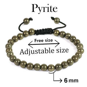 Bracelet en perles de pyrite naturelle - Cordon en nylon macramé réglable, pierres de 6 mm pour la prospérité, la richesse et la confiance - Product Image 3