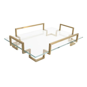 Plateau de rangement en verre transparent poli en laiton, design géométrique élégant, moderne, luxueux, écologique, compatible lave-vaisselle, salon, maison - Product Image 1