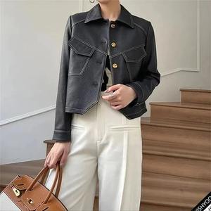 High-End Brown Women Full Grain Leather Outwear Button Outfit Spring Autumn Women Fashion Short <b>Thin</b> Female Leather Jackets - Product Image 4