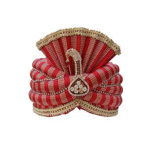 Línea brillante en color rojo tradicional readymade étnico hombres boda Safa/turbante/Pagdi/Pheta (tamaño: 22 a 22,5 pulgadas) - Product Image 1